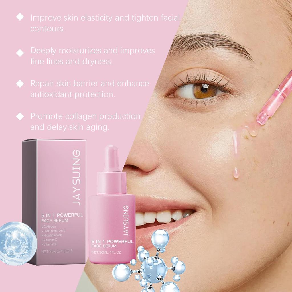 Jaysuing 5-in-1 Nourishing Essence Moisturizes, Firms, and Repairs Facial Skin Elasticity. Easily Absorbed, Non-Greasy. Suitable for Face. 30ml/box