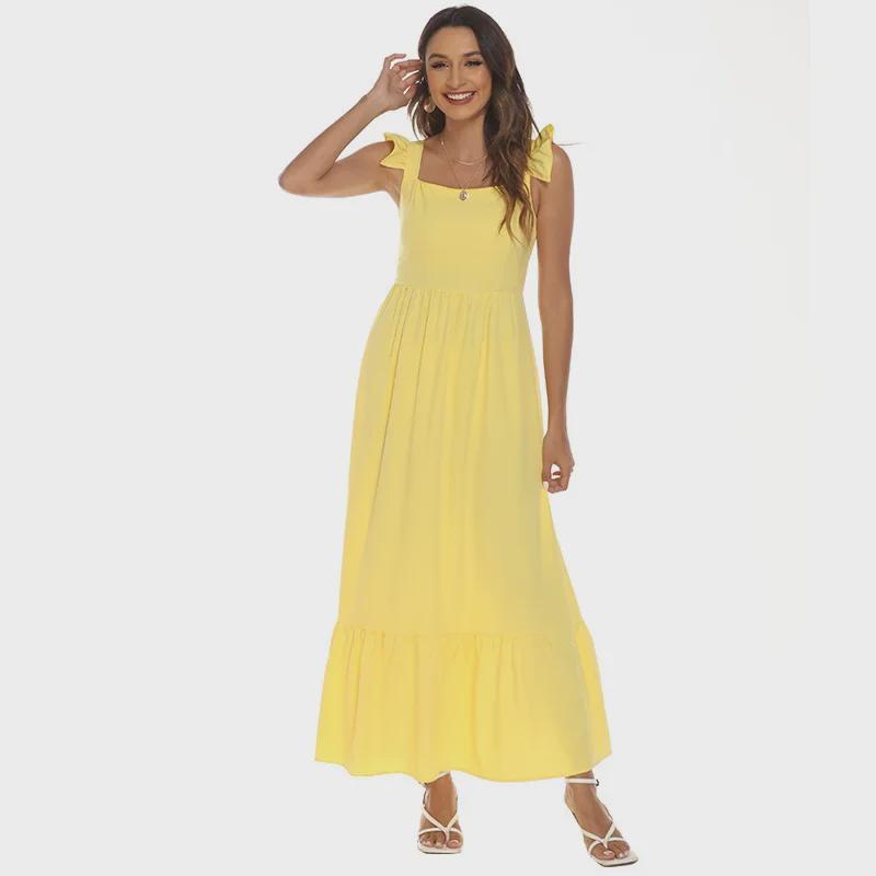 Bright Yellow 2025 Summer Women's Evening Beach Dress, Sexy Flying Sleeve, Long, Size 5XL