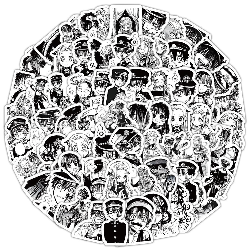 100 Waterproof Hanako-kun Stickers - Black & White Anime Character Decor for Suitcases, Water Bottles, and Desktops