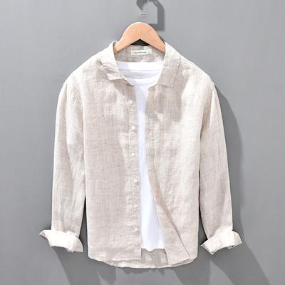 Men's Spring and Summer Linen Breathable Shirt Business Office Stand-up Collar High Quality Long Sleeve Shirt