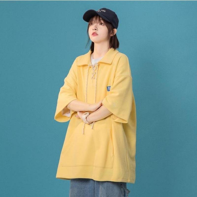 

Женская вафельная футболка с летним воротником-лацканом и завязками на талии, однотонные футболки для девочек с коротким рукавом, повседневные свободные топы оверсайз XXXL жёлтый