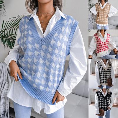 2023 Autumn/Winter V-neck Thousand Bird Plaid Casual Loose Knitted Tank Top Sweater Vest