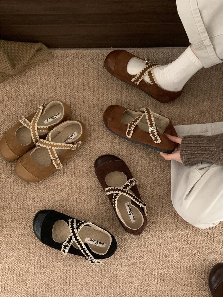 Fleece Single Shoes Female Autumn and Winter New French Temperament Fairy Ballet Gentle Evening Suede Flat Mary Jane Shoes