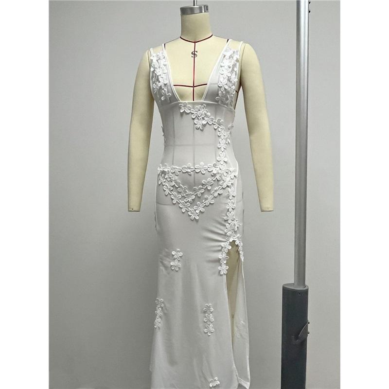 Women See Through Mesh Long Dress Summer 3D Flower Sleeveless V Neck Split Midi Dress Beach Club Sexy Dresses Cover-ups
