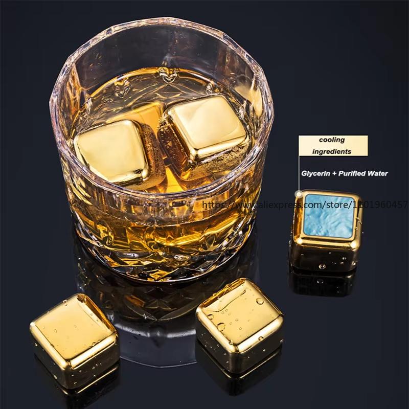 Gold and Siver Metal Cooling Rocks Reusable Ice Cubes Whiskey Steel Ice Cubes 304 Stainless Steel and with Storage Box for Vodka