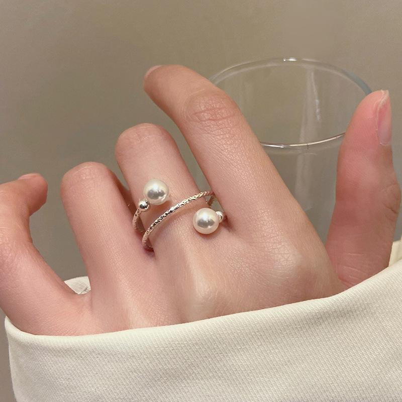 Retro Silver Bow Love Flower Pearl Open Ring Simple Index Finger Ring Versatile Jewelry Women
