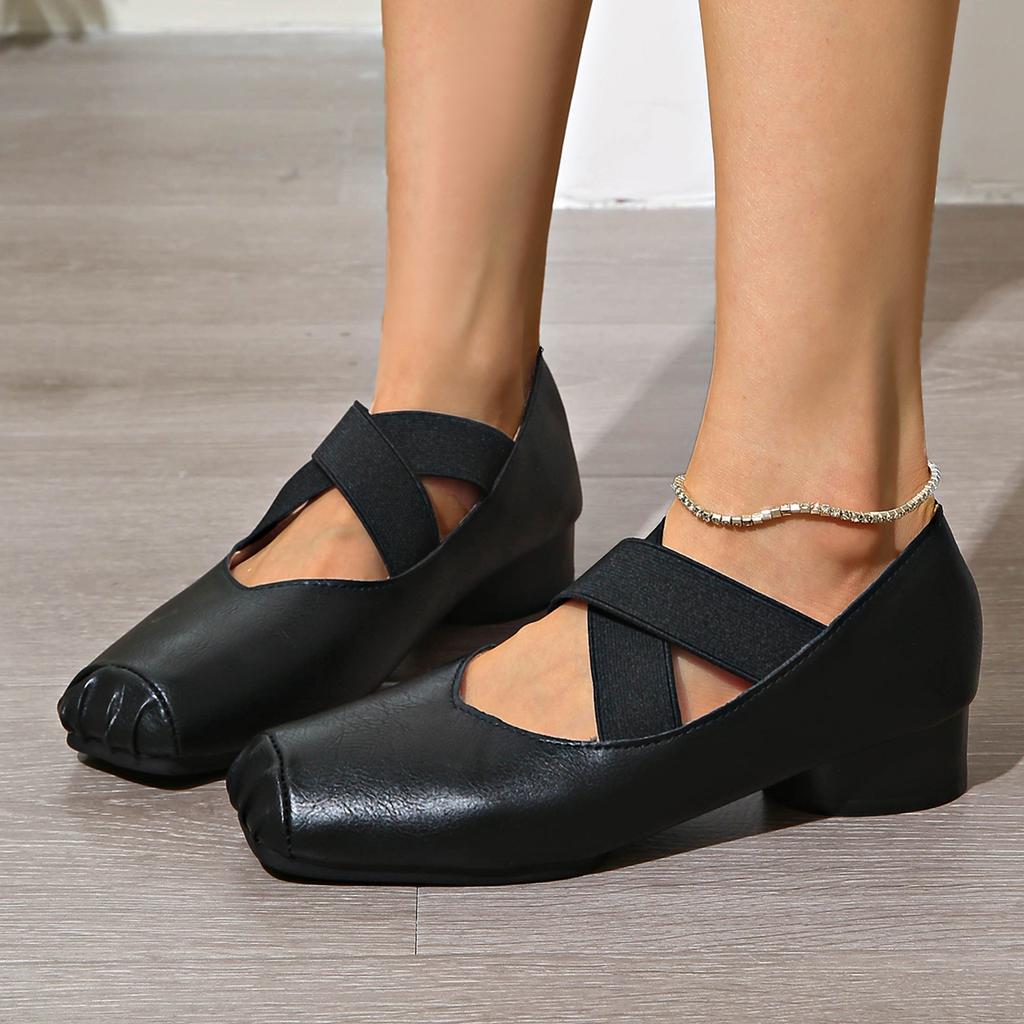 Fashion Spring 2025 New Women's Ballet Shoes Square Toe Thick Middle Heel Cross Elastic Cowhide Color Office Women Shallow Single Shoes