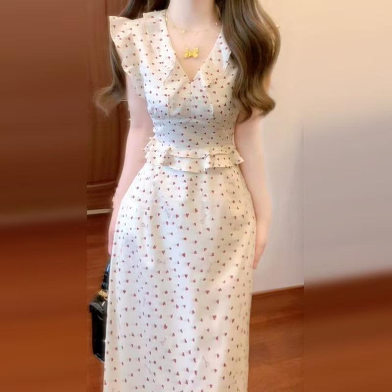 Women's V Neck Sleeveless Midi Dress High Waist Casual Summer Printed Maxi Dress