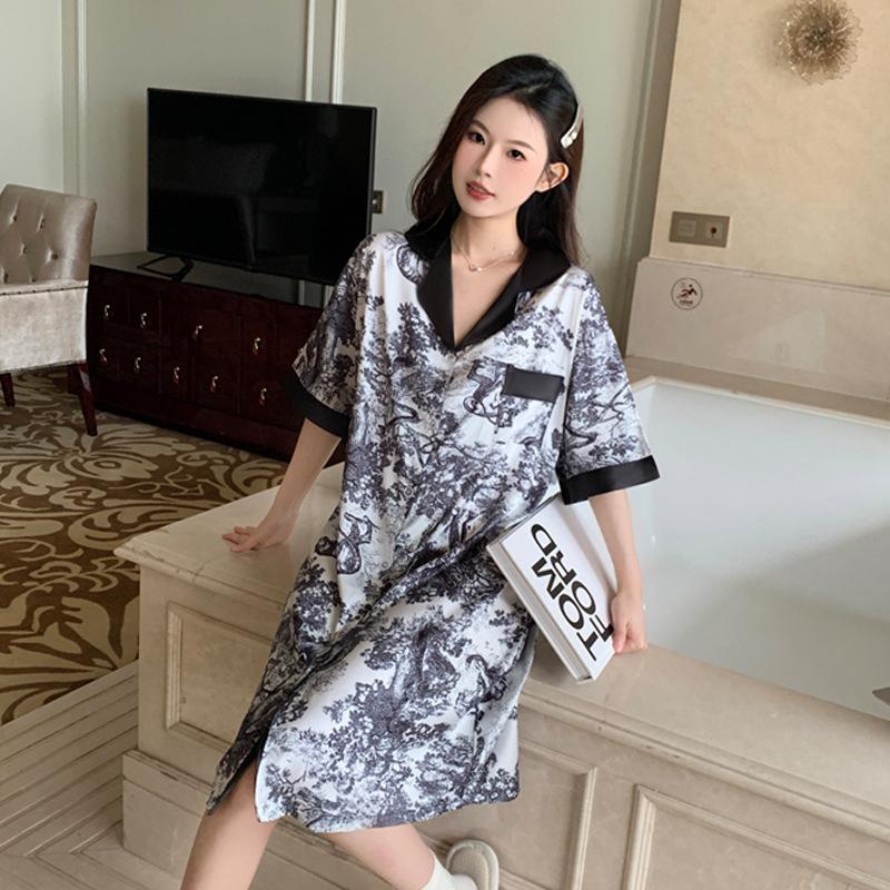 Summer National Style Ink Painting High-End Light Luxury Ice Silk Short-Sleeved Women'S Loungewear Shirt Nightdress