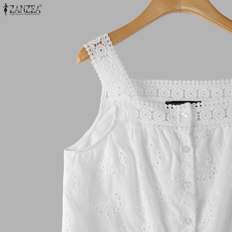 ZANZEA Women Lace Splice Square Collar Summer Casual Sleeveless Vest Tops