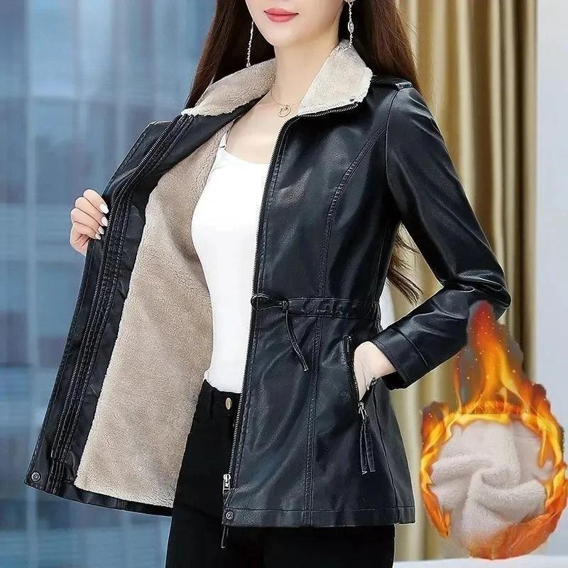 Leder und Pelz Integrierte Motorradjacke für Damen im Winter Verdickte und Plüschige Lammfelljacke Mittellange 2023 Neuer Mantel 3XL schwarz