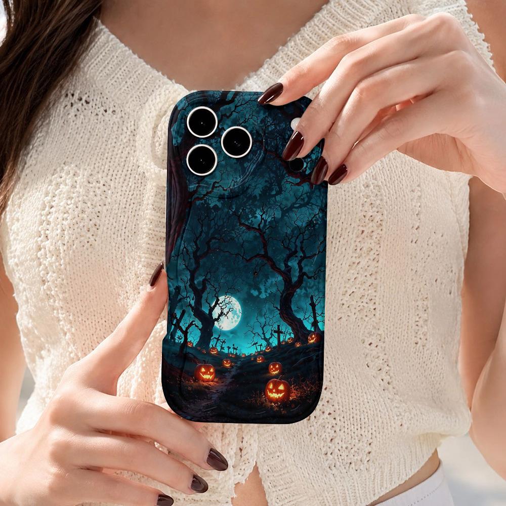 Wavy Edge Phone Case For iPhone 16 15 14 Pro Max 13 12 Mini 11 XR XS SE Halloween Moon Dead Tree Pumpkin Cover
