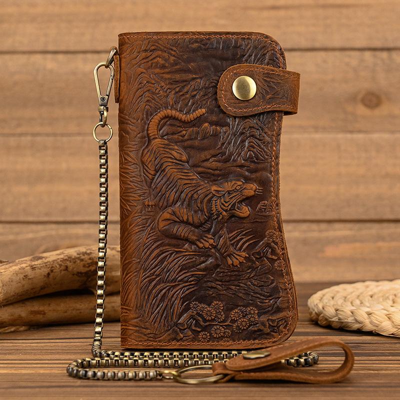 Newsbirds luxury designer men leather wallet 3D Tiger Dragon embossing cowhide men's wallet with iron chain high fashion