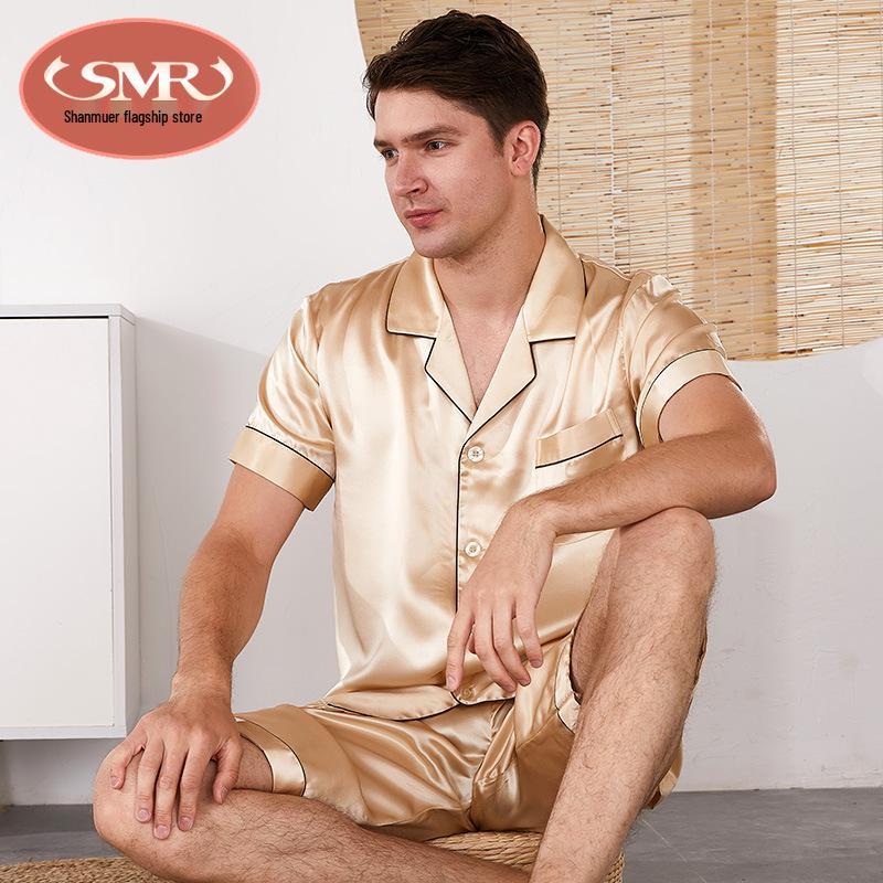 Shan Mu Er Men s 100% Mulberry Silk Short Sleeve Pajama Set, Mall-Style Two-Piece Homewear L