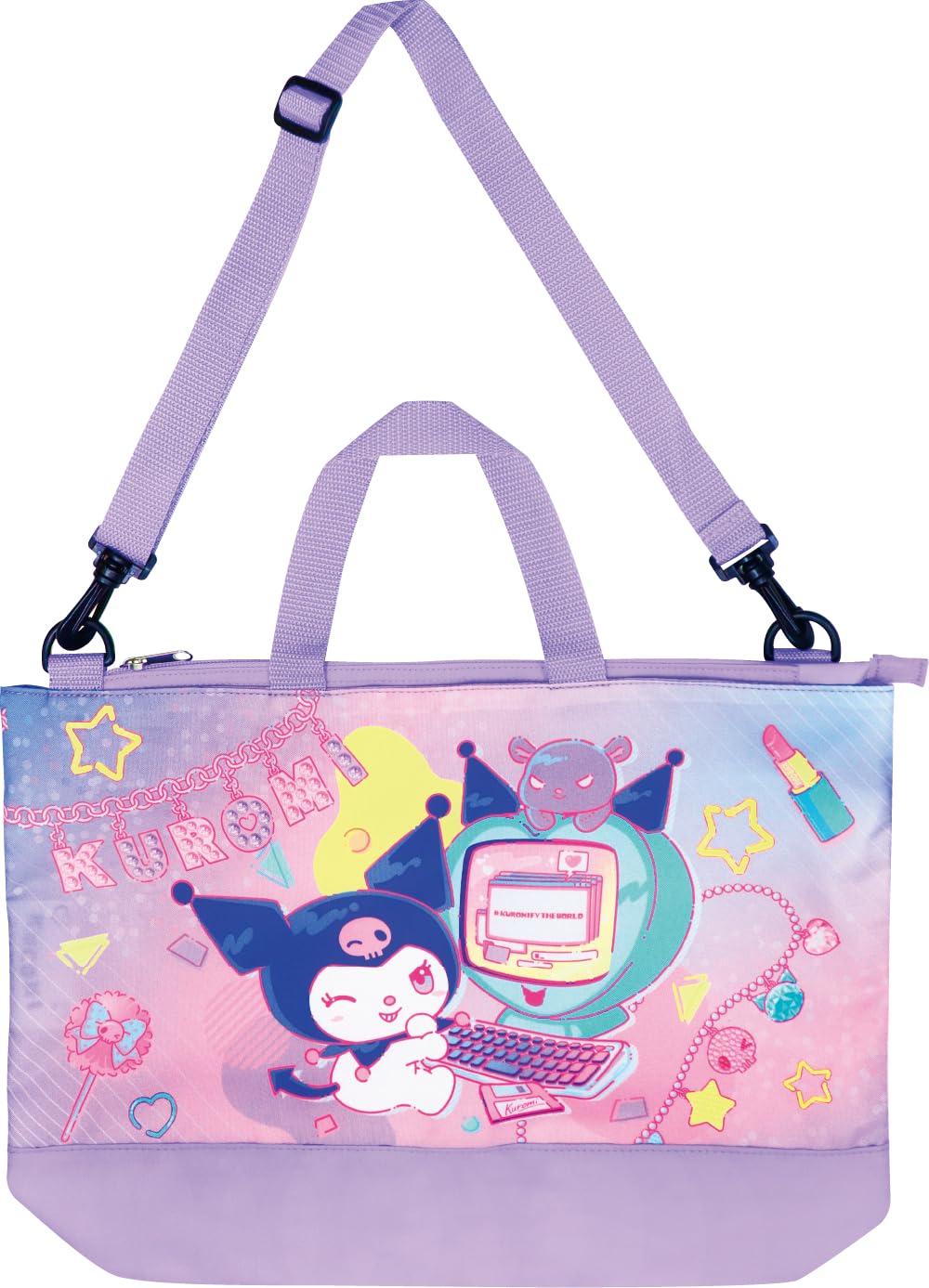 

J s Planning Sanrio Zipper 2-Way Tote Bag with Kuromi Decoration, H31 x W42 x D7.5cm, SBF538