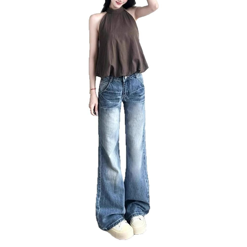 Comfortable Micro Flare Trousers Washed Blue Jeans Women's Large Yards Old Design Sense Loose Wide Leg Trousers Jeans for Women Long Denim Pants