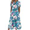 Women's V‑Neck Button Short Sleeve Midi Dress Loose Printed Casual Dress With Side Pockets