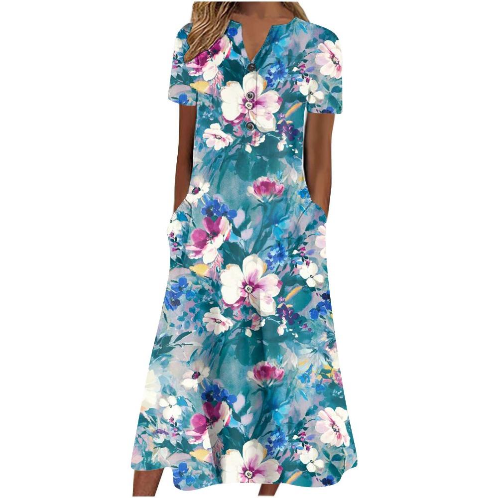 Women's V‑Neck Button Short Sleeve Midi Dress Loose Printed Casual Dress With Side Pockets
