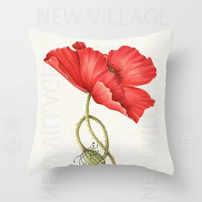 Nordic modern red flower linen pillowcase sofa cushion cover home decoration can be customized for you 40x40 50x50 60x60 45x45
