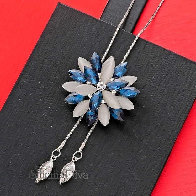 Shining Diva Fashion Stylish Crystal Flower Silver Plated Long Chain Pendant Necklace for Women