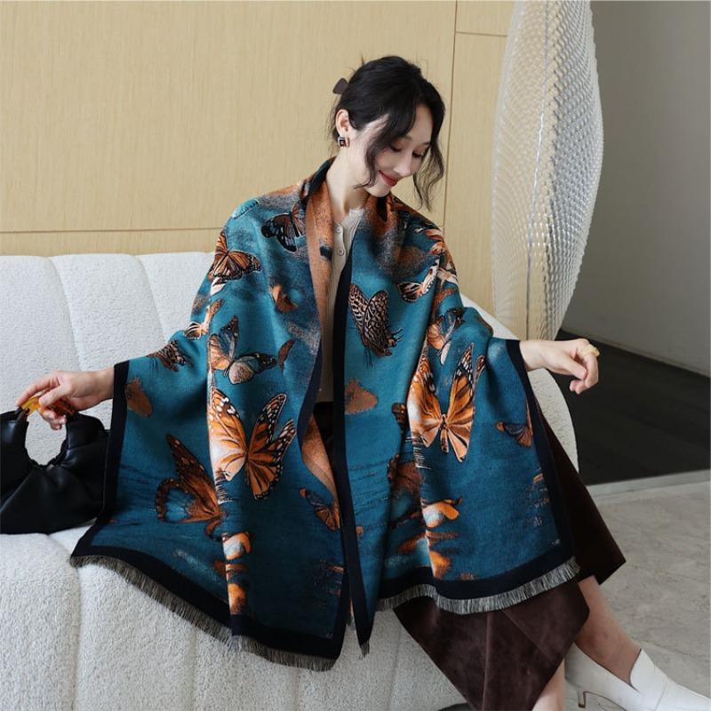 Butterfly oil painting shawl autumn and winter new literary and fashionable imitation cashmere scarf women's oversized versatile warm thickened scarf