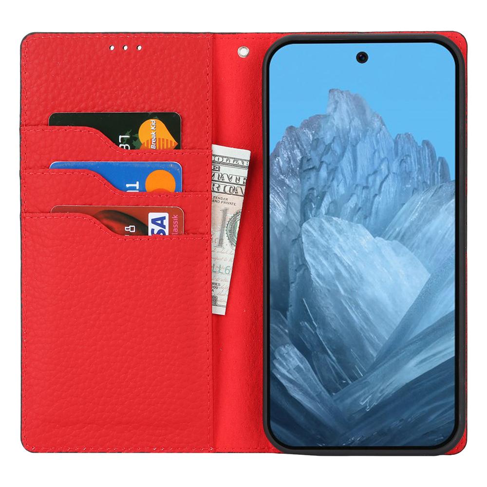 

For Google Pixel 9 Pro XL Case Litchi Texture Genuine Cow Leather Phone Cover Dark Blue
