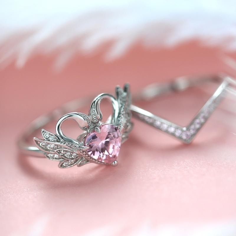 Eleganter Schöner Kupferfarbener Herzring Damen Verlobung Zirkon Herzförmig Schwan Ring Set Brautparty Hochzeit Schmuck Geschenk