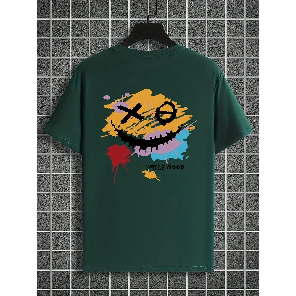 Lässiges Rundhals-Kurzarm-Top mit leichtem Stretch, Sommer-Strick-T-Shirt mit Smile-Stimmungsdruck für lässige Wochenendkleidung