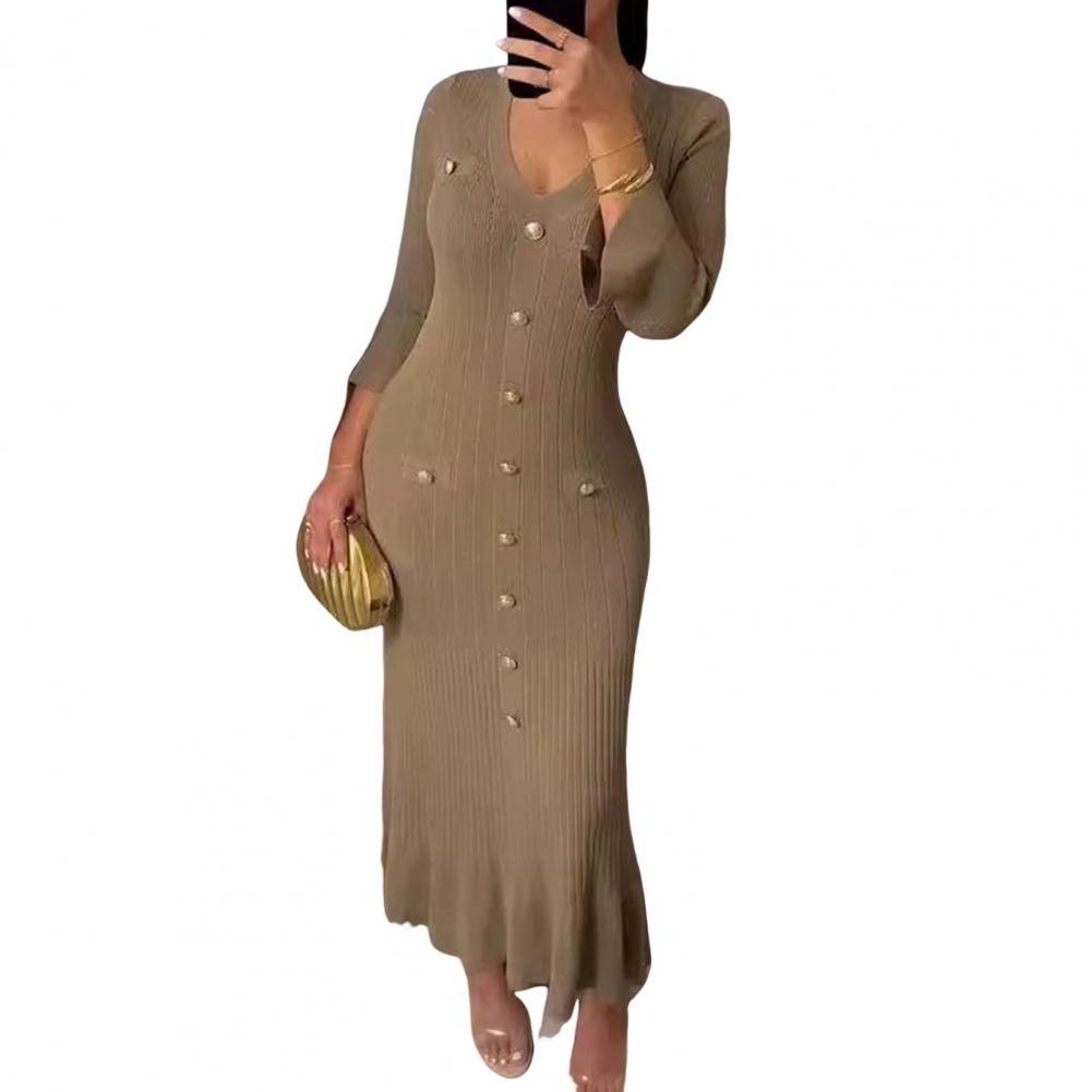 

Платье-футляр, элегантное трикотажное платье макси с V-образным вырезом и пуговицами, подол «рыбий хвост», женское облегающее платье в стиле пэчворк на весну S темно-коричневого