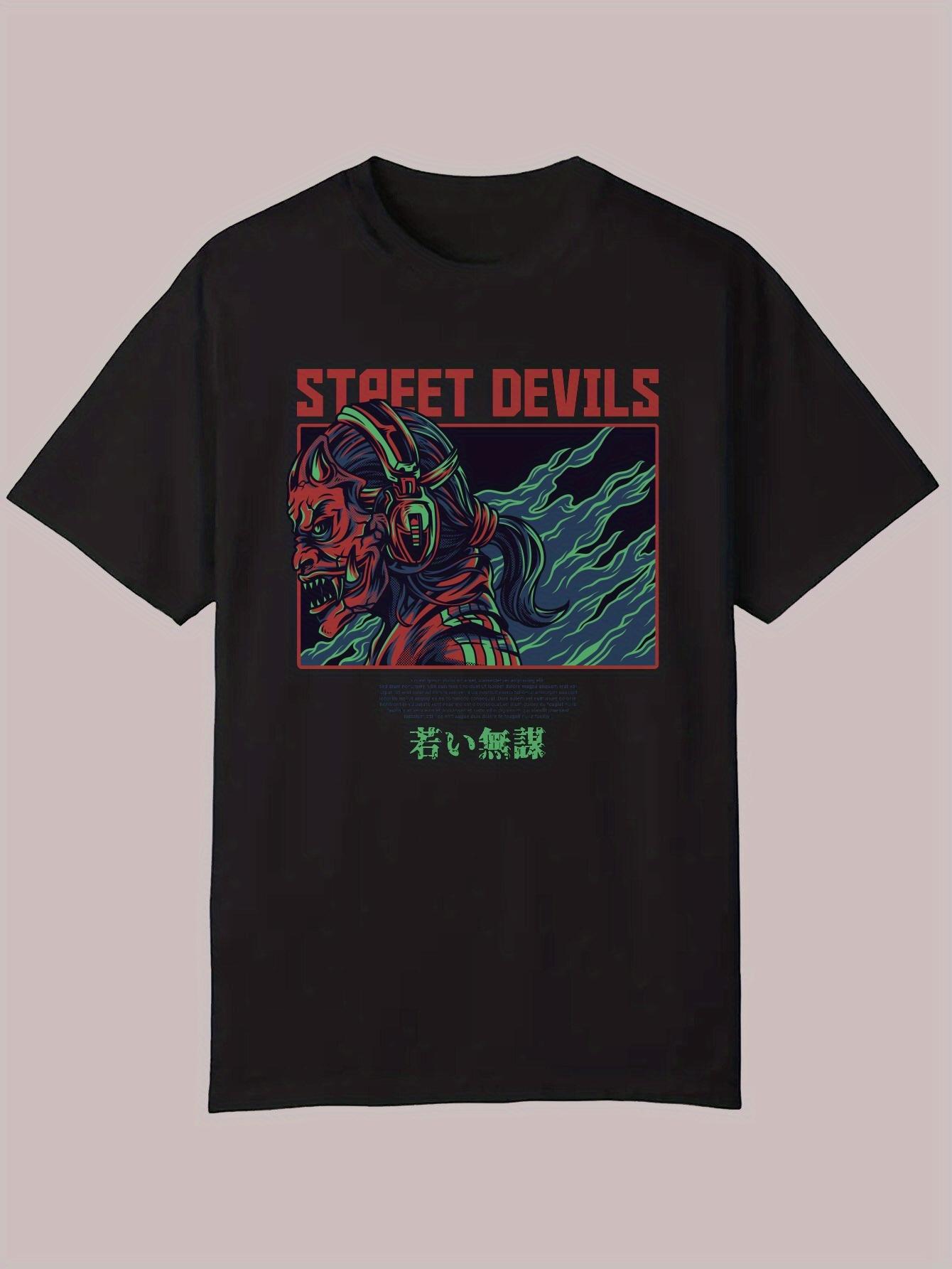 Streetwear Graphic T-shirt - Black Casual Summer Tee with Vibrant Street Devils Artwork XL