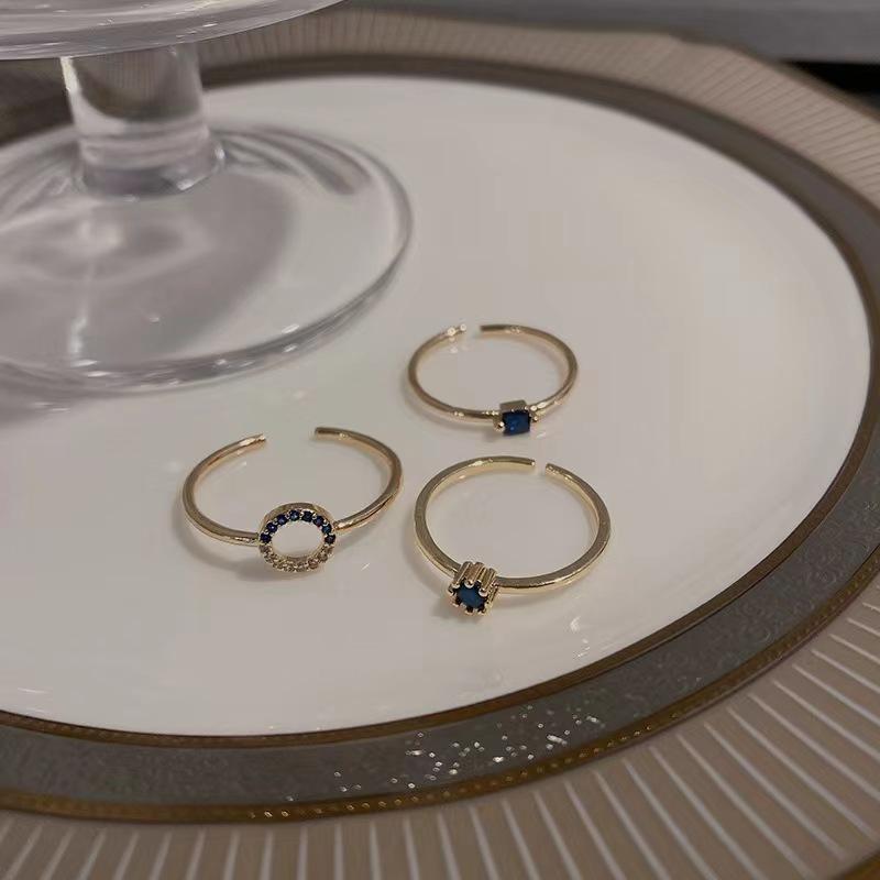 Niche Temperament Retro Blue Zircon Ring Women'S Simple High-End Stacked Three-Piece Open Ring