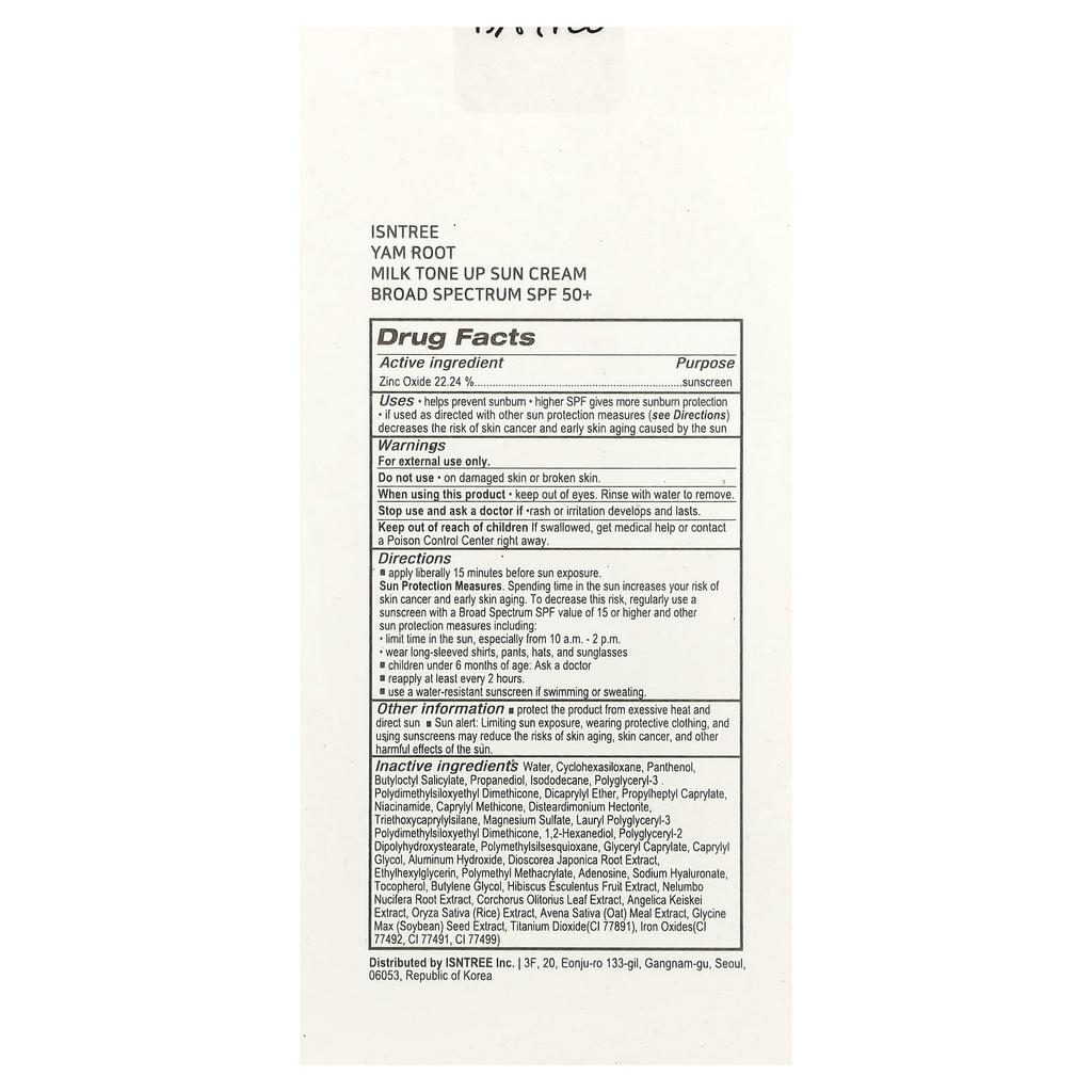 Yam Milk Tone Up Sunscreen, Spf 50+, 50Ml(1.69Fl Oz)