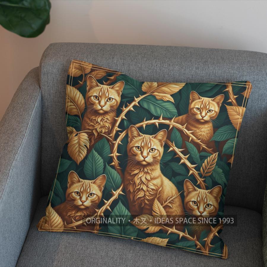 2D Golden Cats And Thorns Pattern Pillow Cover Pattern Cushion Cover Suitable For Sofa Bedroom Car Pillow Cover