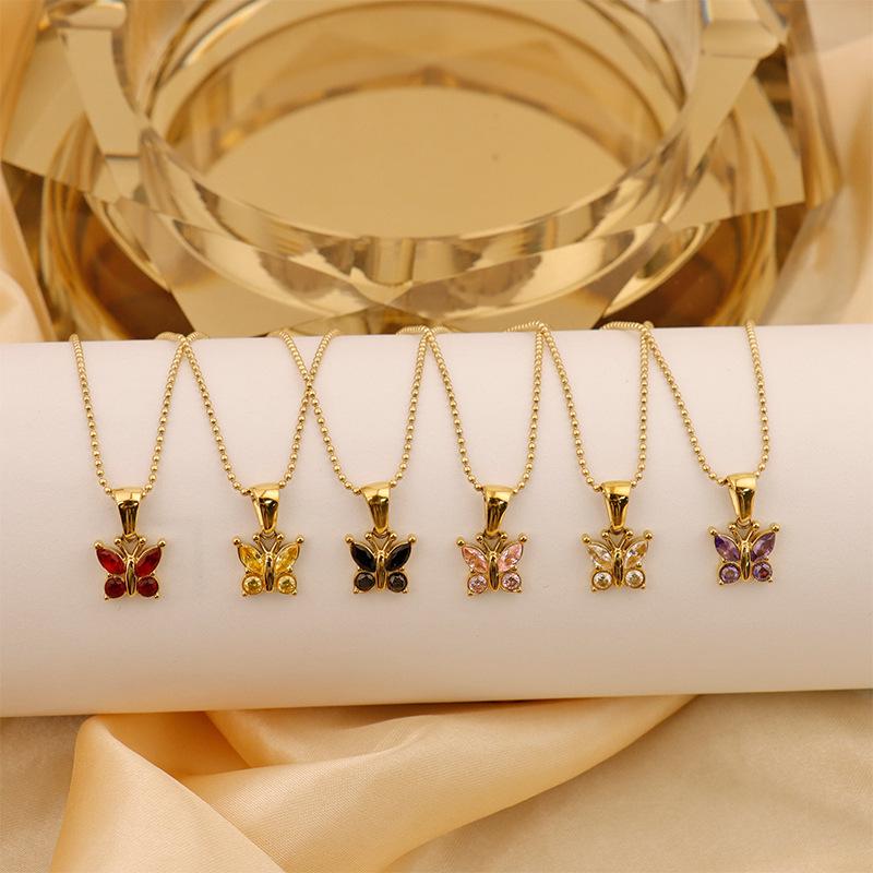 Retro Commuter Christmas Necklace: 18K Plated Titanium Steel with Zircon Inlaid Colorful Butterfly Pendant for Women