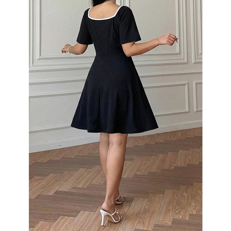 Plus Size Square Neck Black Dress Loose Square Neck Bow Waist Fitted Slim A Line Dress Elegant Fashion Comfortable Dress