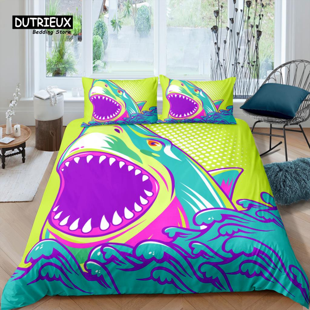 

Home Living Luxury 3D Print Cartoon Shark Bedding Set Sea Duvet Cover Pillowcase Queen and King EU/US/AU Size Polyester Bedding EU single(135x200cm)