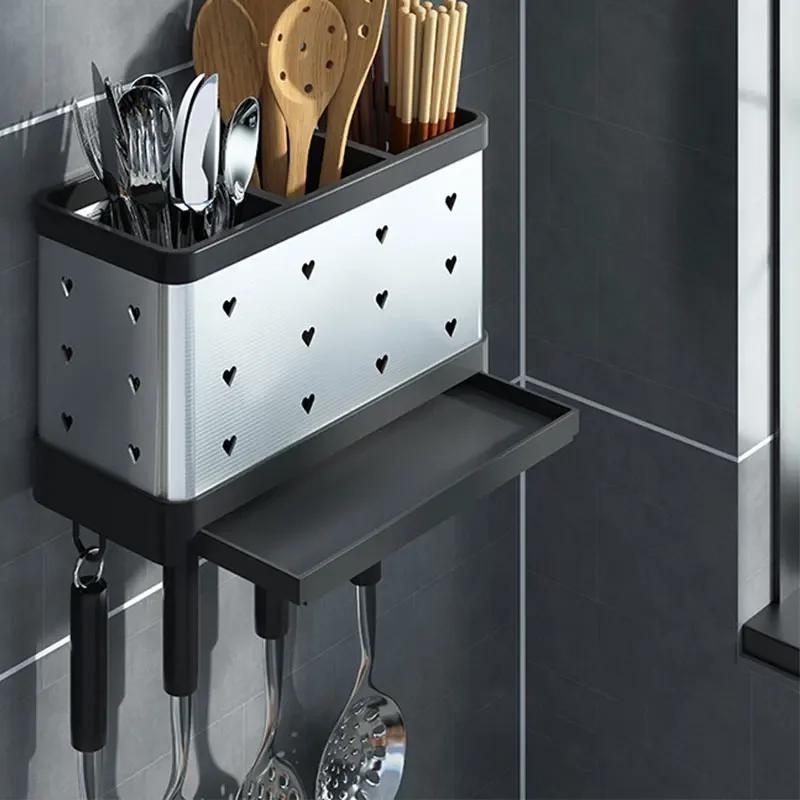 Stainless Steel Tableware Spoon Storage Holders Wall-mounted Chopsticks Racks Basket Drain Household  Kitchen Shelf Accessories