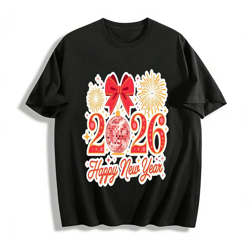 2026 Happy New Year Disco Ball Firework Print Party Top Pure cotton T-shirt XXS
