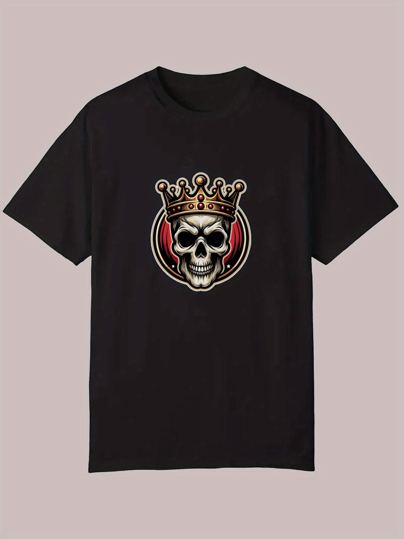Black Graphic T-shirt - Skull with Crown & Red Accent Design L