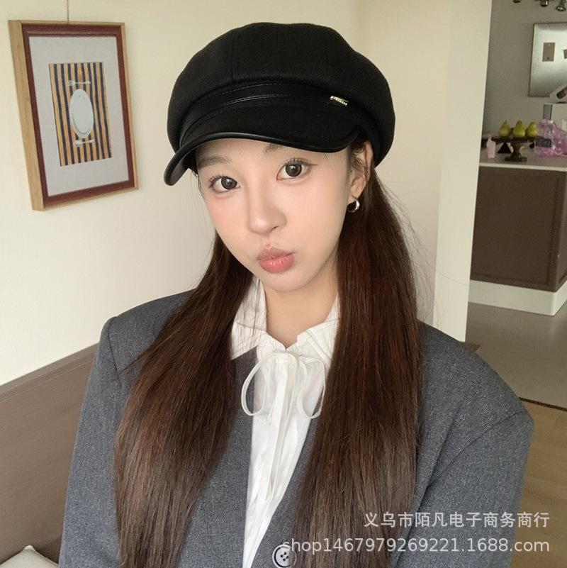 Vintage British woolen hat Children's wide brim shows small face Breathable octagonal hat Fashion versatile painter hat Newsboy hat