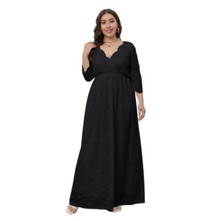Plus Size Women Maxi Dress High Waist V Neck 3 4 Sleeve Long Dress Lace Flower Embroidery Wedding Vacation Dress