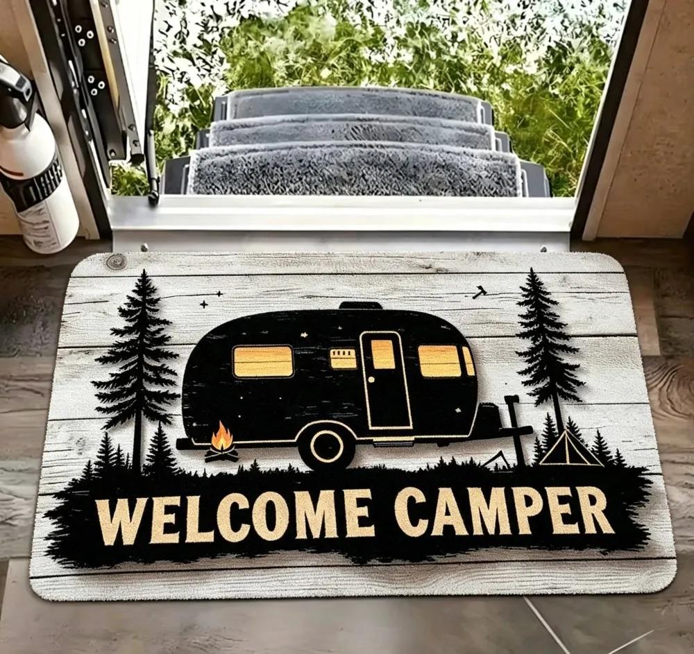 Woods Bear Cabin Door Mat Fishing Rod Pine Tree Silhouette Print Non Slip Indoor Outdoor Rug For Rustic Home Entrance Decor