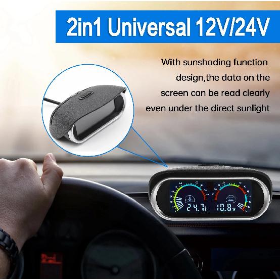 2 in 1 LCD Digital Car Truck Gauge Water Temp Meter Voltmeter with 1/8 NPT Temp Sensor 12V 24V Universal Auto Accessories