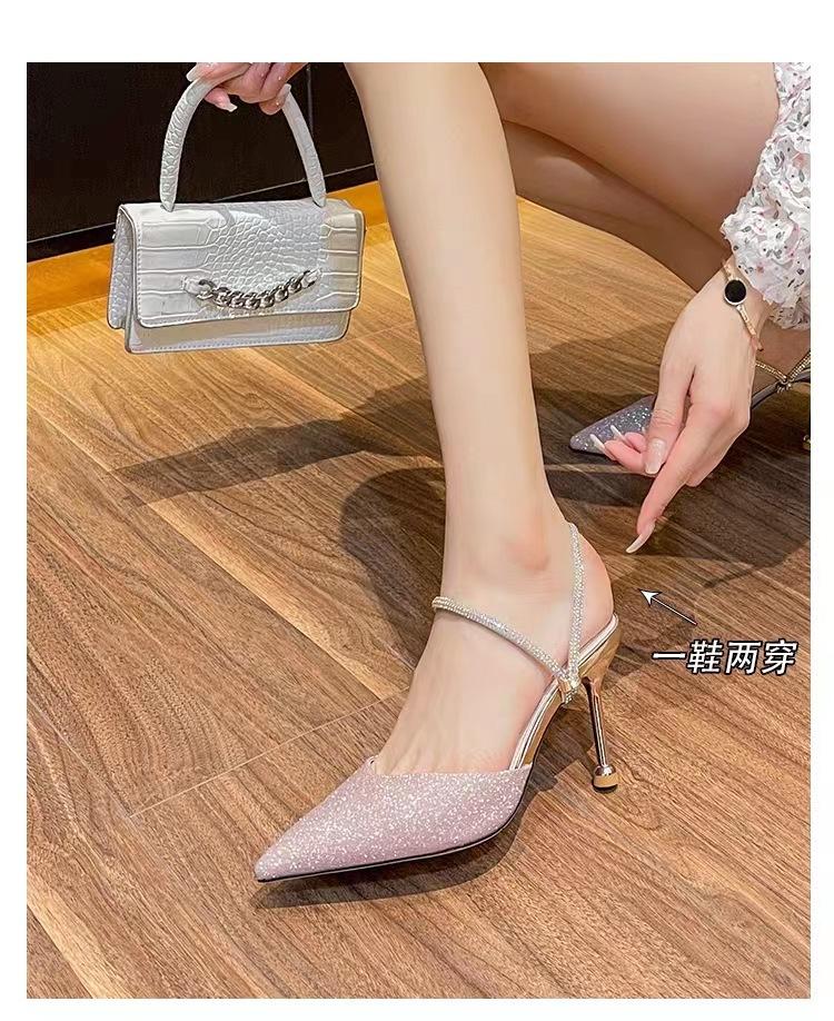 High-heeled women's new rhinestone in the summer of 2025, thin heel, shallow mouth, half drag two, wearing slippers and high-heeled sandals women