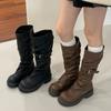 Eilyken Autumn Winter Punk Style Belt Buckle Women Knee High Boots Fashion Round Toe Square Low Heels Long Shoes