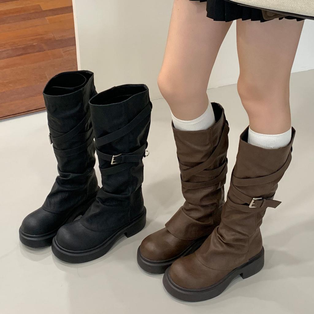 Eilyken Autumn Winter Punk Style Belt Buckle Women Knee High Boots Fashion Round Toe Square Low Heels Long Shoes