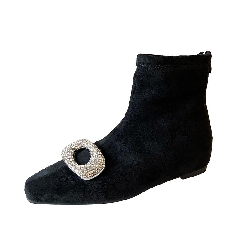 8071-2 Xiaoxiangfeng Black Rhinestone Inner Heightening Short Boots Women's Shoes 2025 Autumn and Winter Thin Elastic Thin Boots