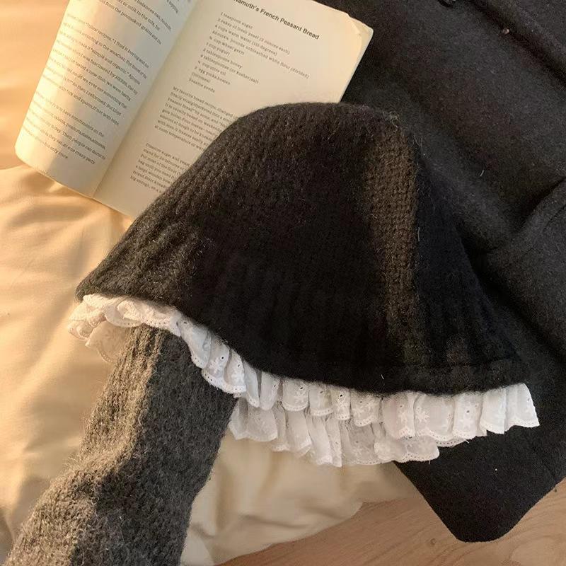 Lace Lace Knitted Hat Female Warm Sweet Versatile Face Small Wool Bucket Hat