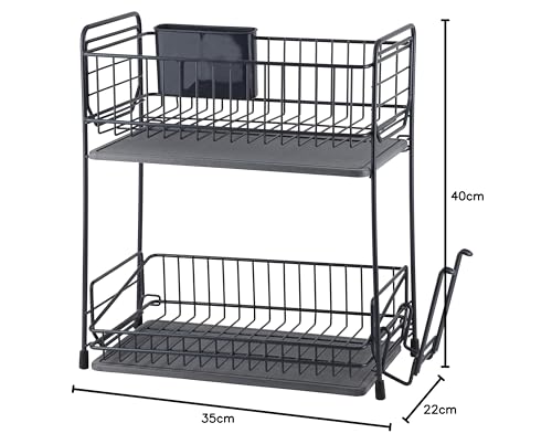 Pearl Metal Iron Dish Drainer Basket, 2-Tier, Slim, Dark Gray, with Diatomaceous Earth Tray, AZ-5514