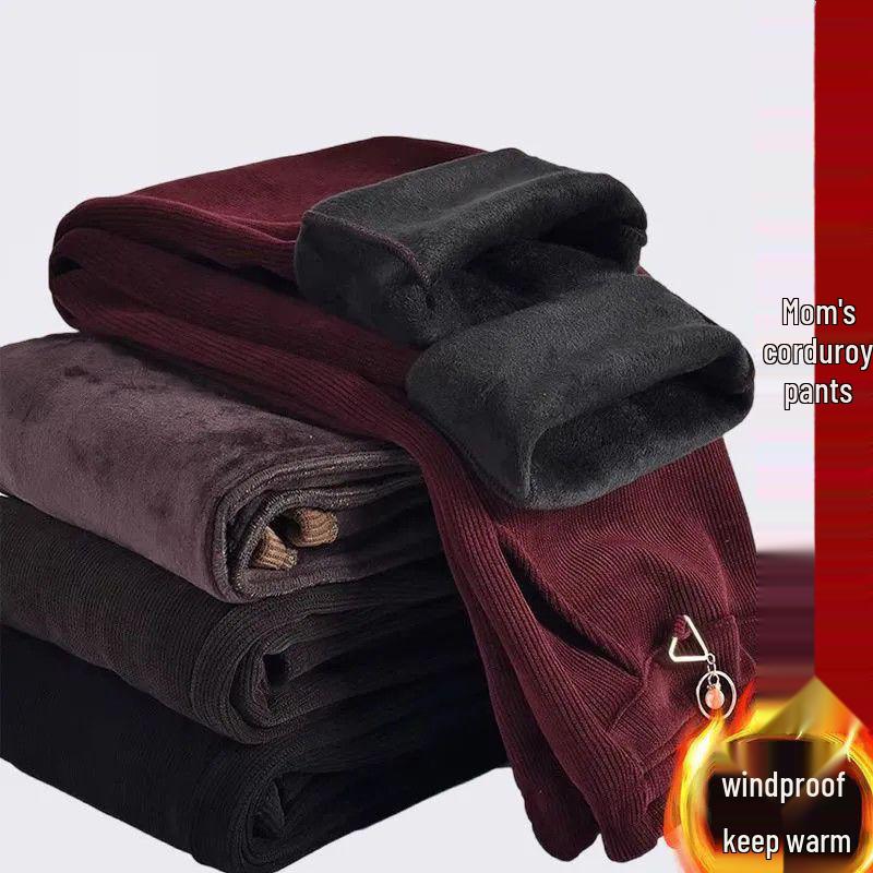 Mom's Corduroy Pants: Spring & Autumn Long, Middle-Aged & Elderly, Grandma's Winter Cotton Plus Velvet, Loose Fit, Large Size.